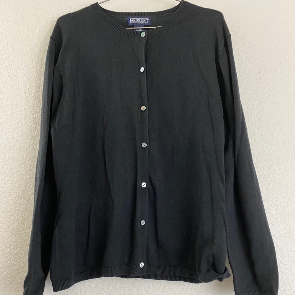 Lands End Black Cotton Cardigan Sweater L